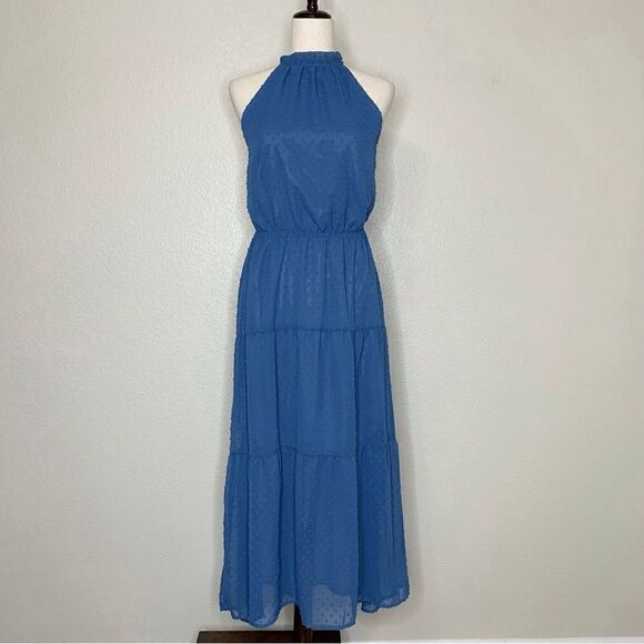 NWT Pretty Garden Blue Halter Tiered Maxi Dress - Picture 2 of 13